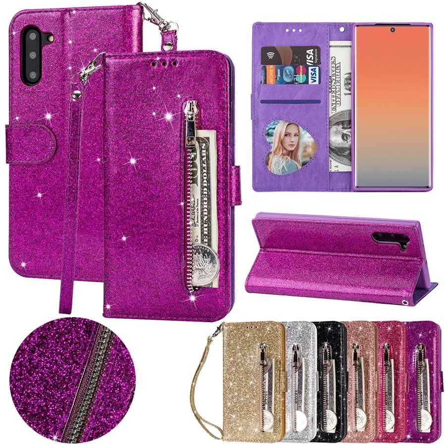Bling Glitter Magnetic Flip Zipper Leather Wallet Case