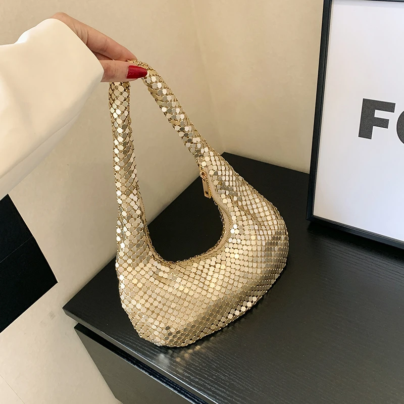 Evening Underarm Women's Shoulder Bag 2024 New Metallic Fashion Handbag Personality Sequined Splicing Luxury Party Dumpling Bag