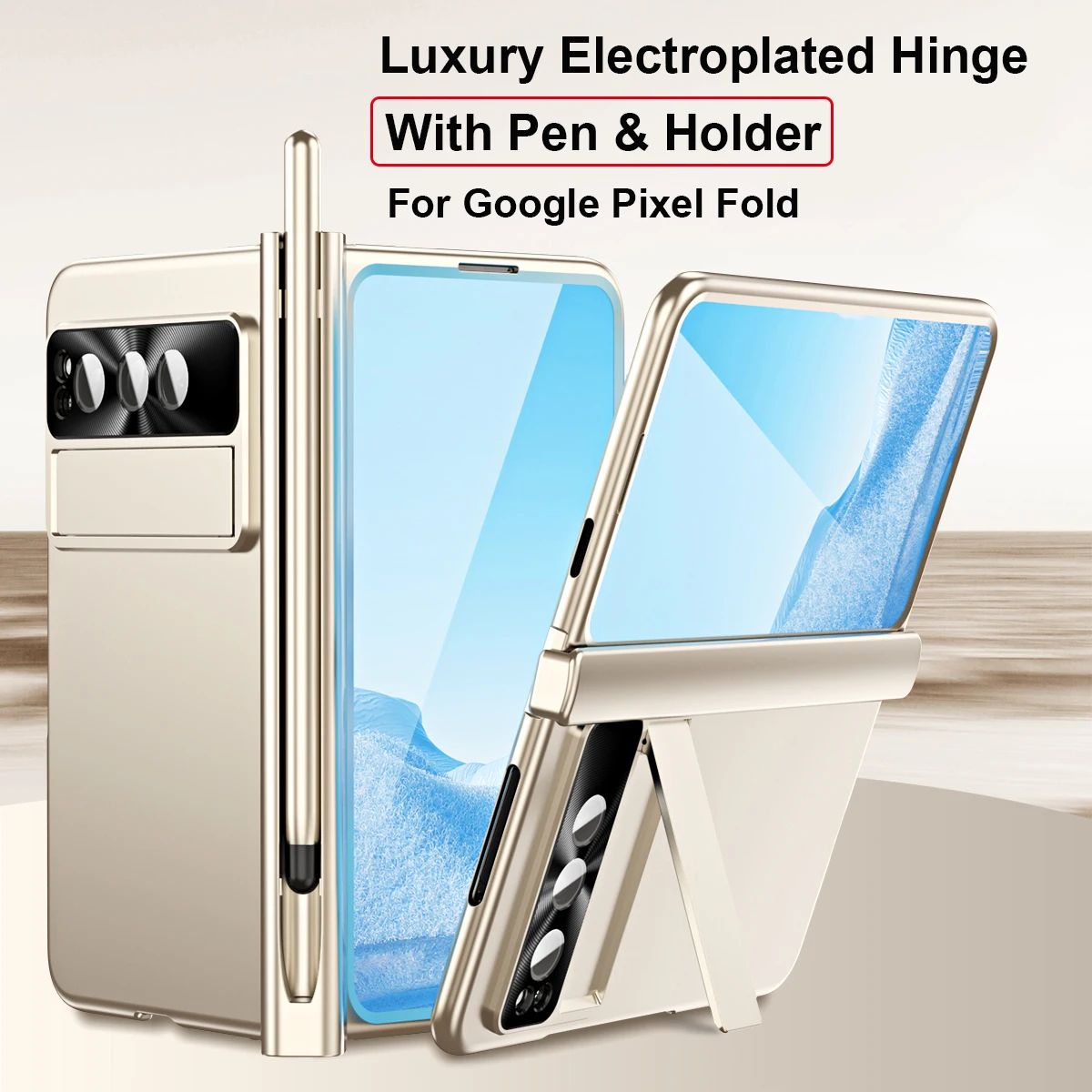 Plating Hinge Case For Google Pixel Fold with Pen Holder 360 Full-Body Glass Screen Protector Camera Magnetic Kickstand Cover