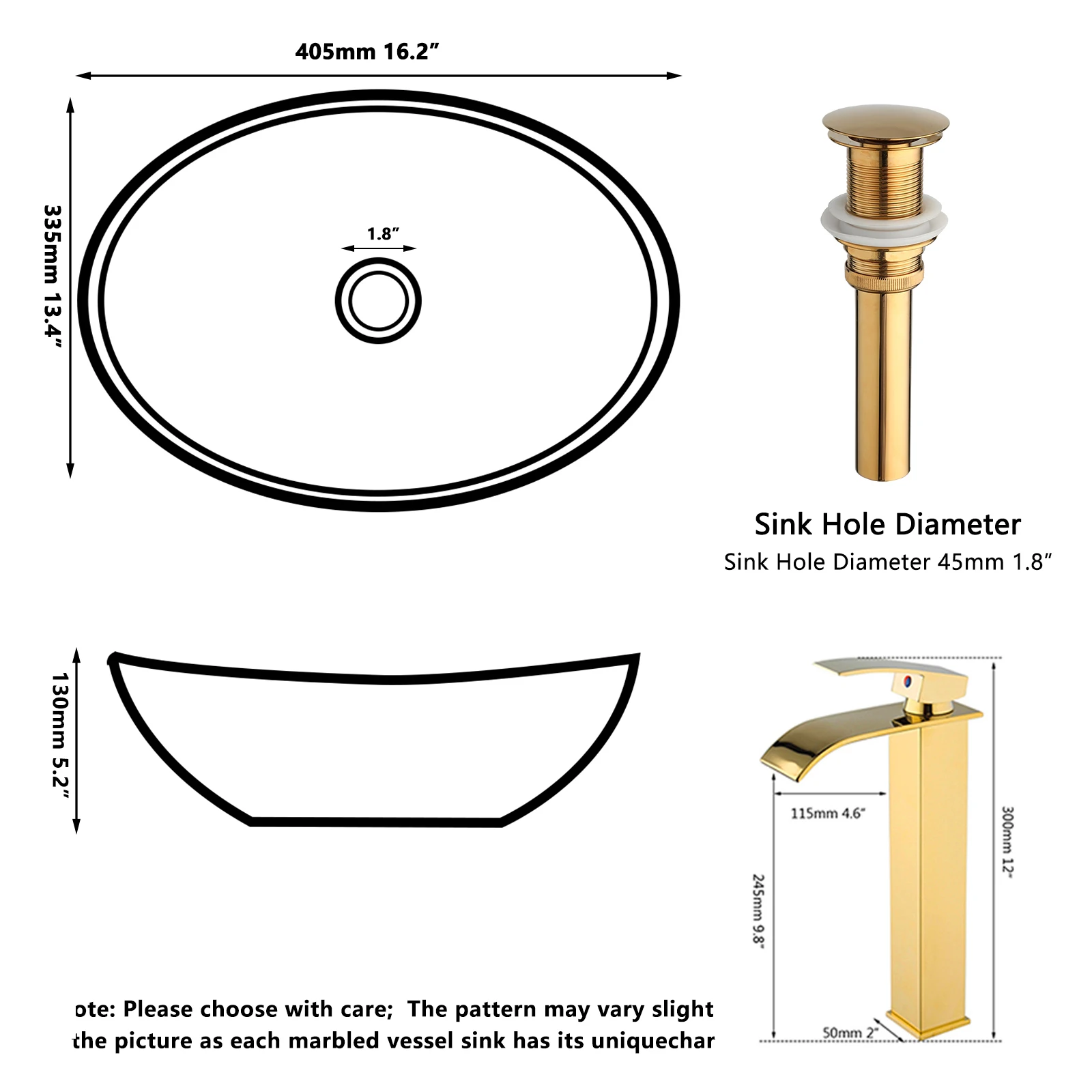 KEMAIDI 16" Gold Bathroom Sink Ceramic Vessel Sinks for Bathrooms Above Counter Bathroom Sink Oval Vessel Sink with Faucet Combo 4