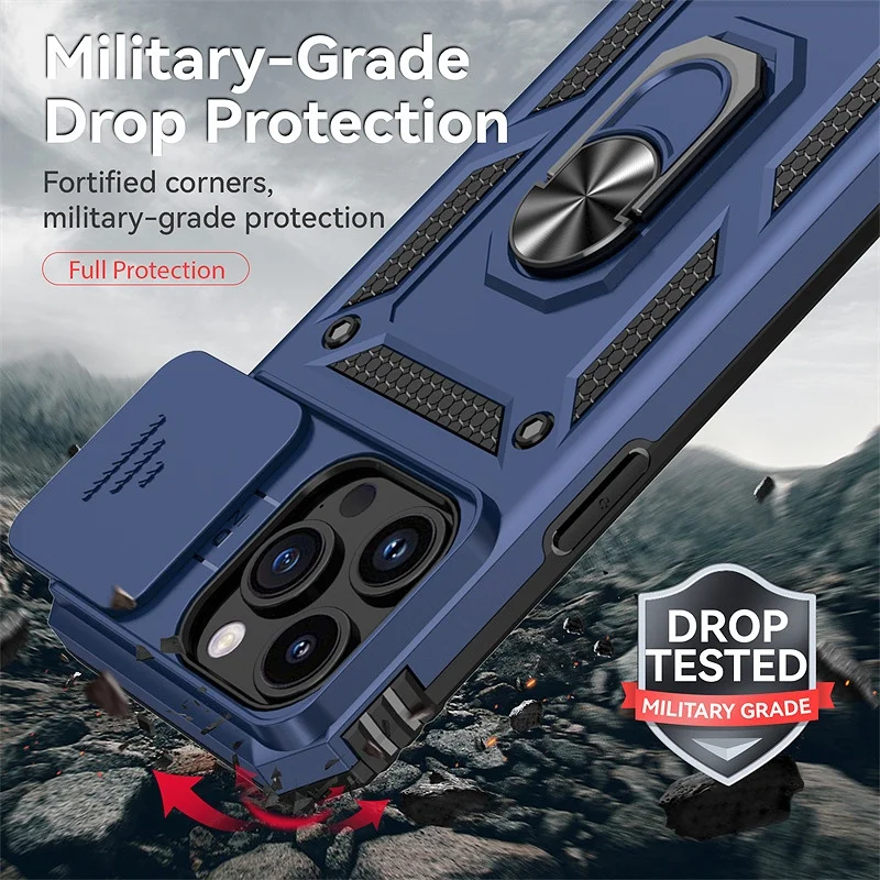 Shockproof Armor Case with Slide Lens Protector and Enhanced Back Cover