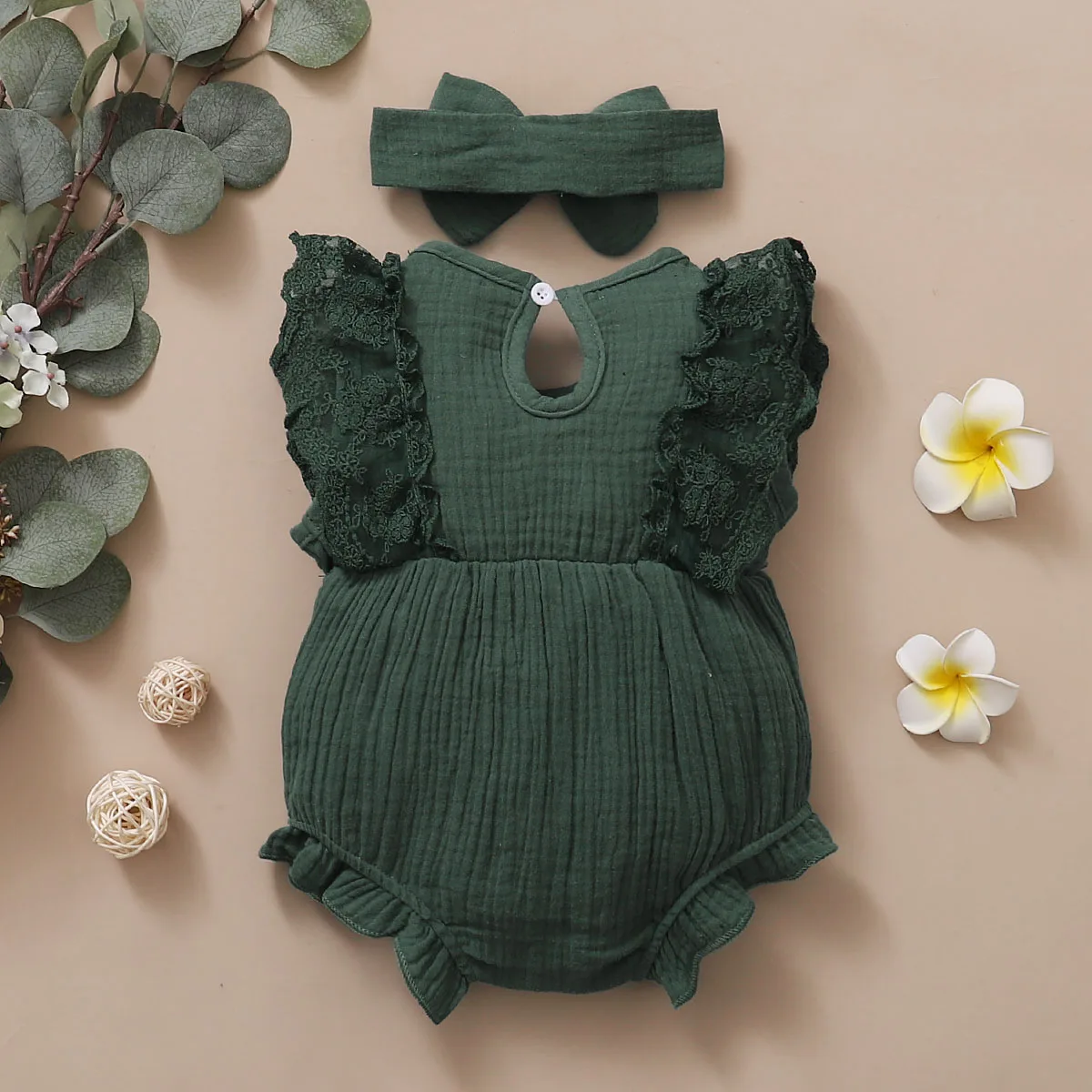 0-18 Months Newborn Baby Girl Plain Soft Bodysuit Lace Flared Sleeve Summer Romper with Headband Toddler Baby Girl Clothing 6