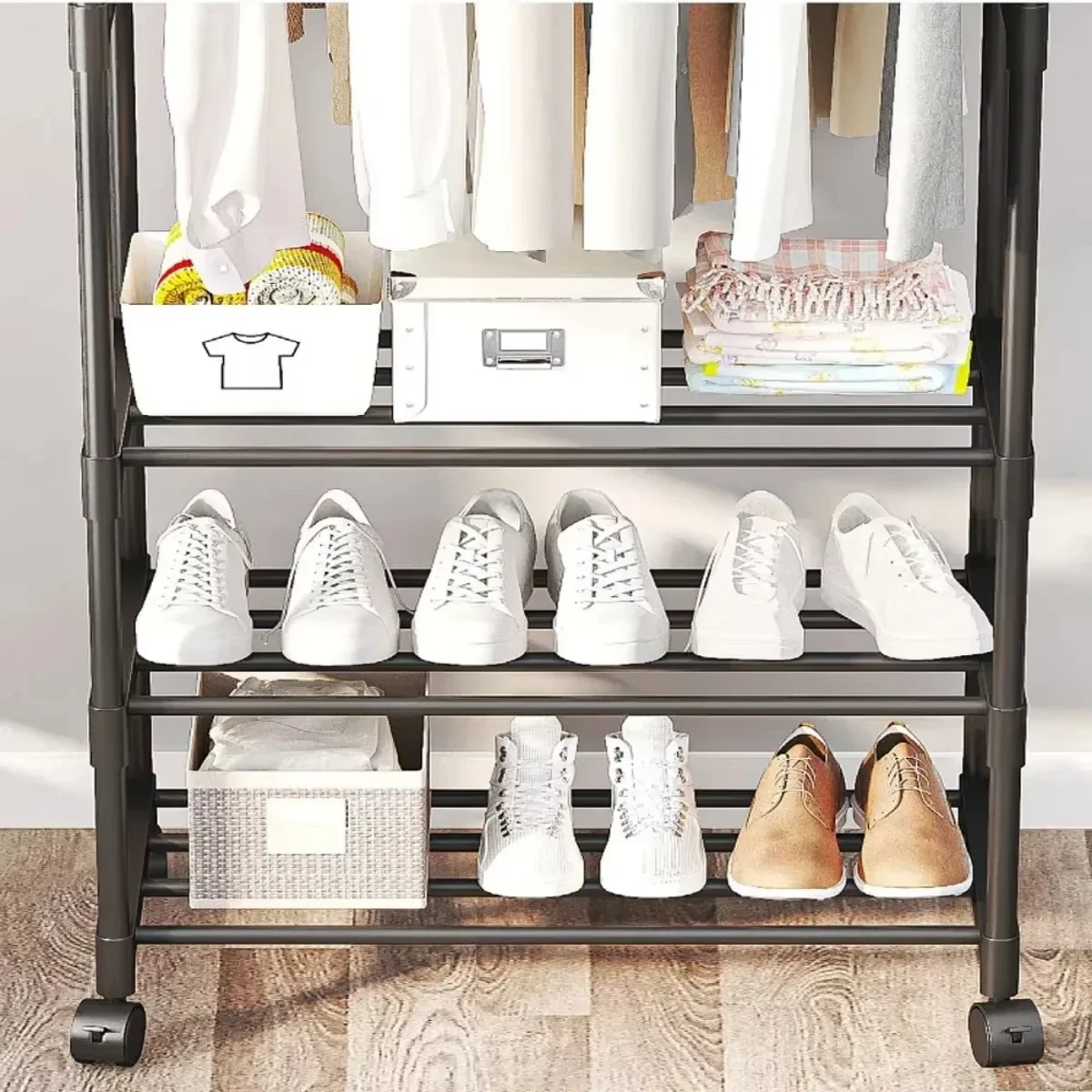 Coat Rack Movable Double Clothes Shelf Simple Rod Clothes Floor-Standing Bedroom Telescopic Floor Hangers Storage,clothes rack