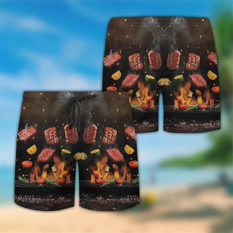

Steak Food Barbecue 3D Print Short Pants For Men Clothes BBQ Grilling Hawaiian Beach Shorts Delicious Grill Trunks Boy Trousers