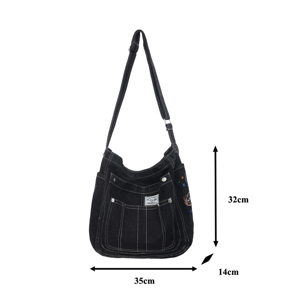 Y2K Denim Women's Bag Black Jeans Shoulder Cross Bag Multiple Pockets Eco Bag Korean Messenger Bags School Book Handbag Zipper