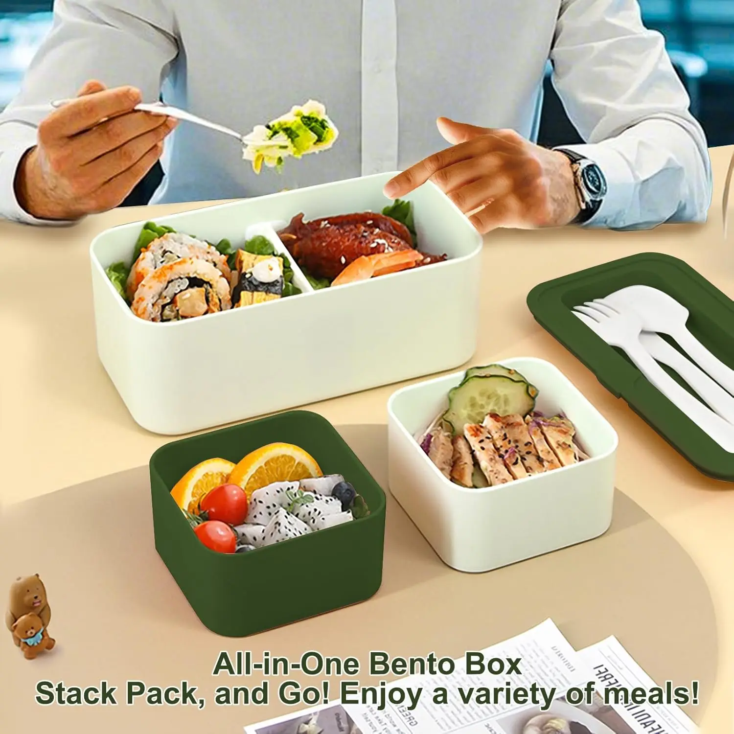Adult Bento Box,All-inOne Japanese Stackable Lunch Box with Removable Cutlery Set and Sealing Tape,Microwave and Dishwasher Safe - 2