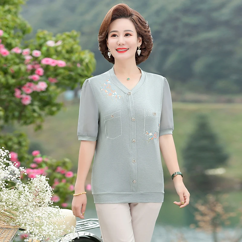

NEW Summer Short Sleeve T-Shirts Silk Patchwork Women'S Summer Pullover Tee Middle-Aged Mother Knitted Bottom Shirt Top
