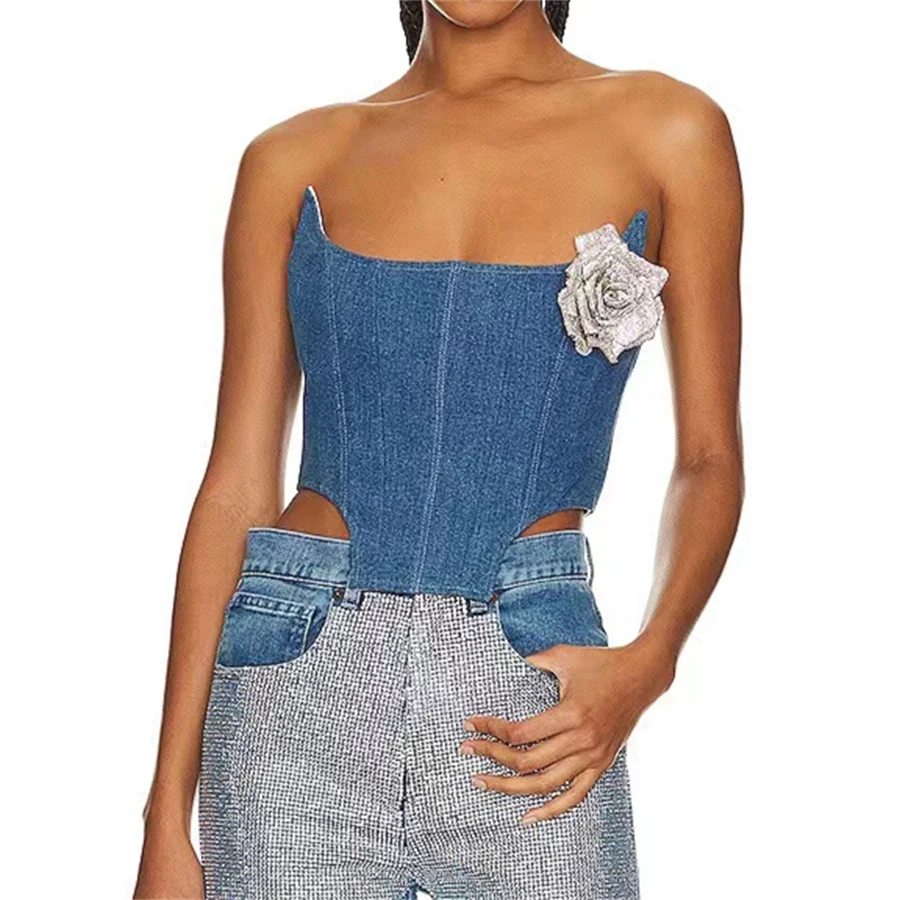 

Women's Bustier Top 2023 Autumn New Detachable Korean Fashion 3D Flower Embellished Women's Denim Vest Corset Cotton Vest traf