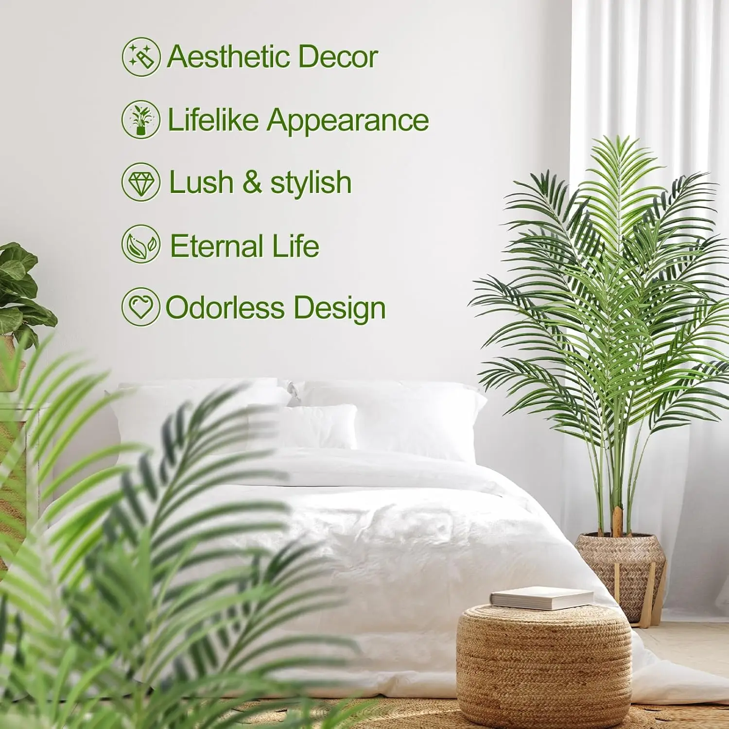 Artificial Palm Tree Indoor Plant Tall Fake Tropical Paradise Palm Tree in Pot with Real Bark Design Faux Areca for