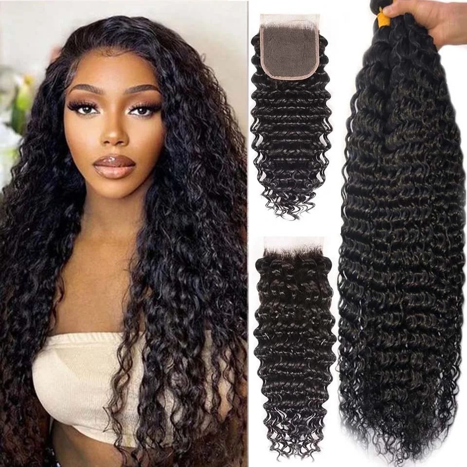 

CRANBERRY Hair Deep Wave Human Hair Bundles With Closure 4 pcs/lot Malaysian Hair Weave Bundles With 5x5 Lace Closure Free Part