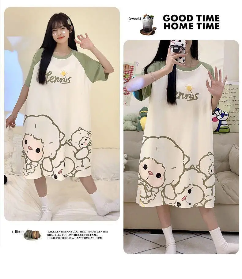Women Pajamas Dress Round Neck Easy to Clean Large Size Can Be Worn Outside Student Homewear Medium Long Trousers Short Sleeve