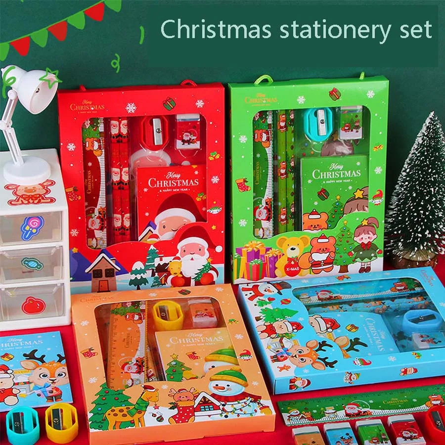 1pc Christmas Stationery Set Kids Cartoon Pencils Eraser Ruler Memo Pads Pencil Knife Set School Supplies Back To School Gift christmas stationery set