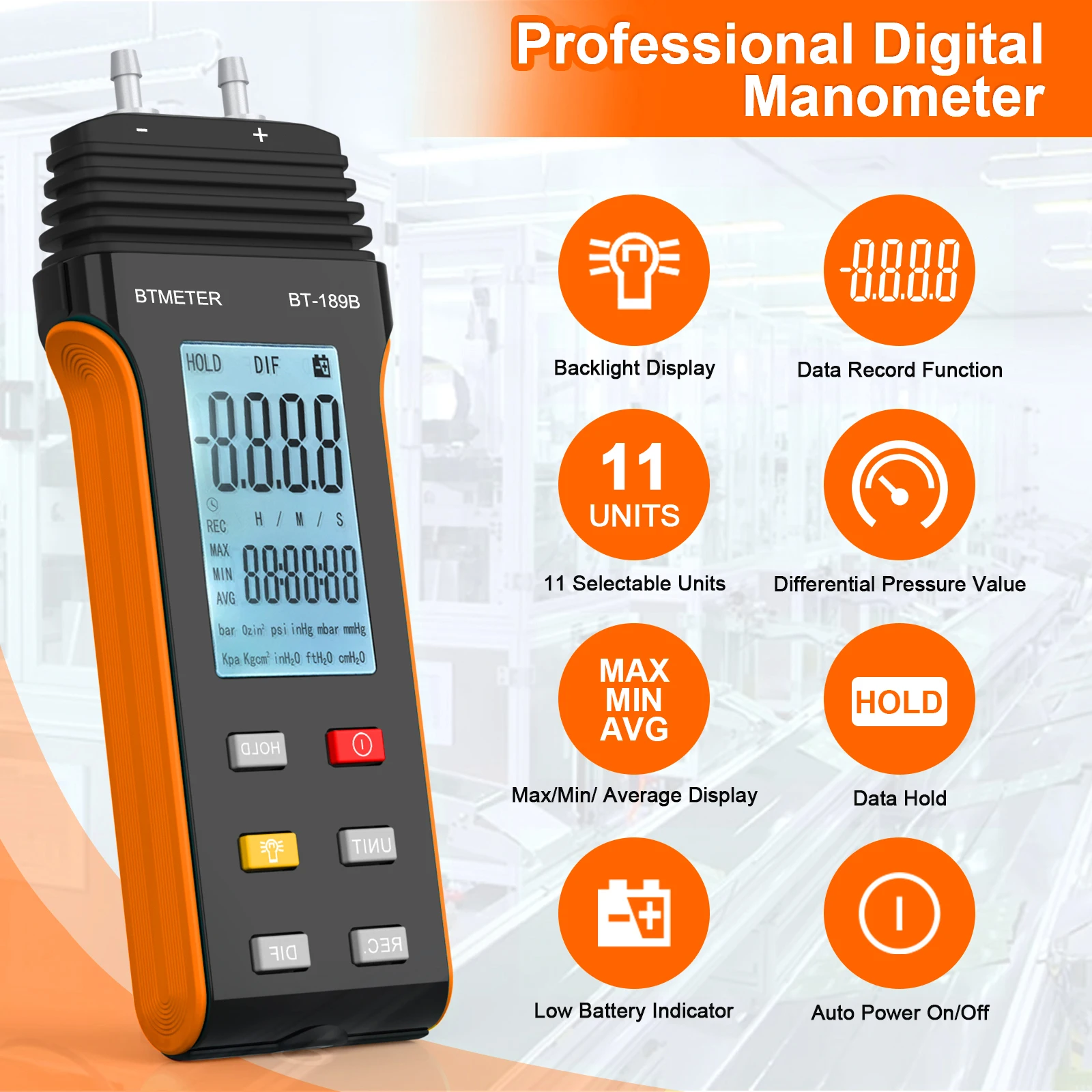 เกจวัดความดันแตกต่างแบบดิจิตอลแบบพกพา, BT-189B การตรวจจับความดันอากาศสองพอร์ต, สําหรับการทดสอบระบบแรงดัน HVAC และแก๊ส 1