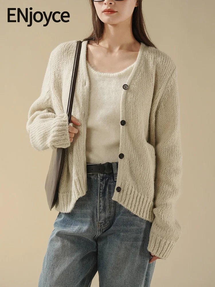 

ENjoyce Women Wool Cardigans Knitted Sweaters Korean Fashion Single Breasted Elegant Slim Knitwear Y2k Streetwear 2024 Spring