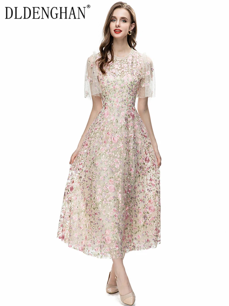 

DLDENGHAN Fashion Early Autumn Mesh Long Dress Women O-Neck Short Sleeve Flower Embroidery High Waist Elegant Party Dresses