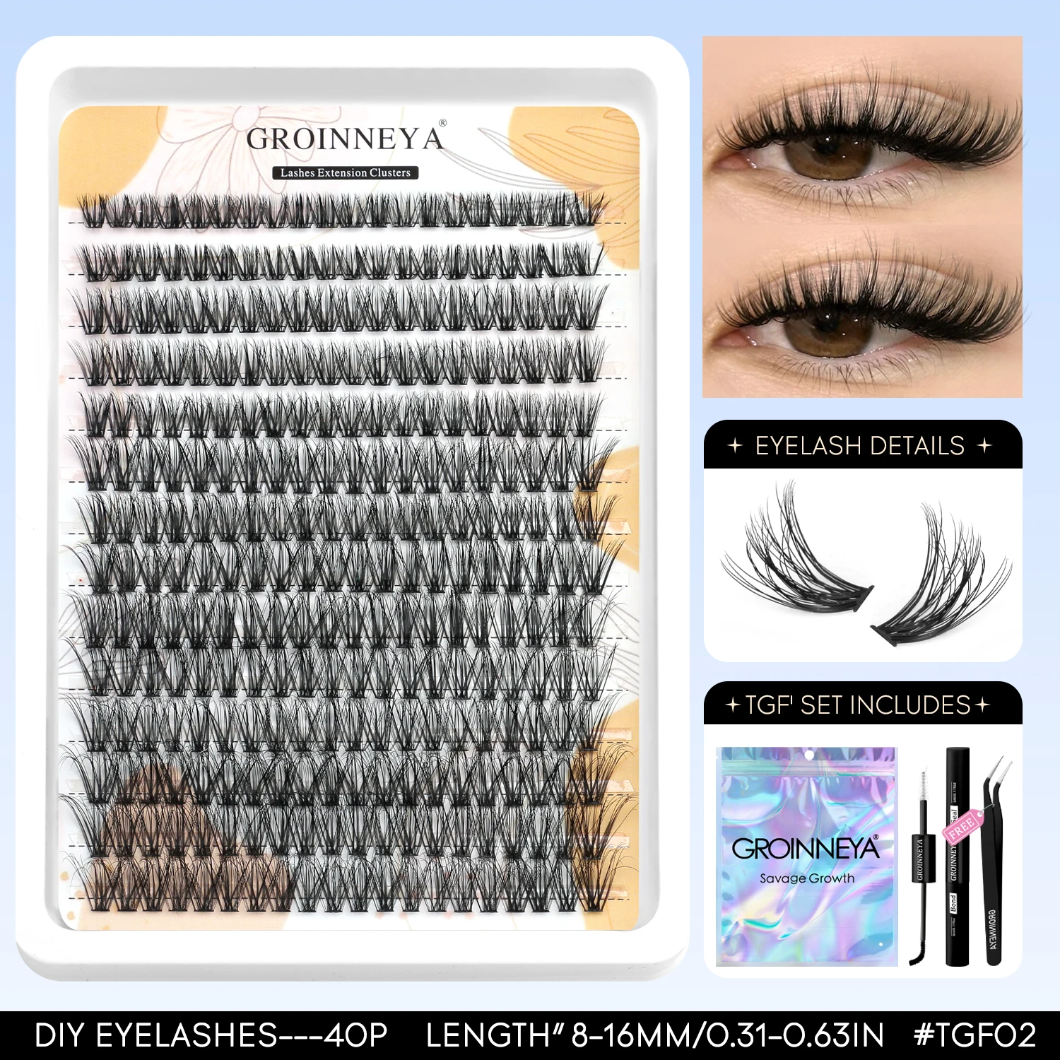 GROINNEYA Cluster-Wimpern-Set, flauschige Einzelwimpern, Volumen, gemischtes Tablett, künstliche Nerzwimpern, Wimpernverlängerung, Make-up – Detail 8