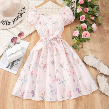 New Children Dress Teen Girl Clothes 8 9 10 11 12 Years Old Summer Flower Pink Short Sleeve Birthday Party Kids Princess Dresses 1
