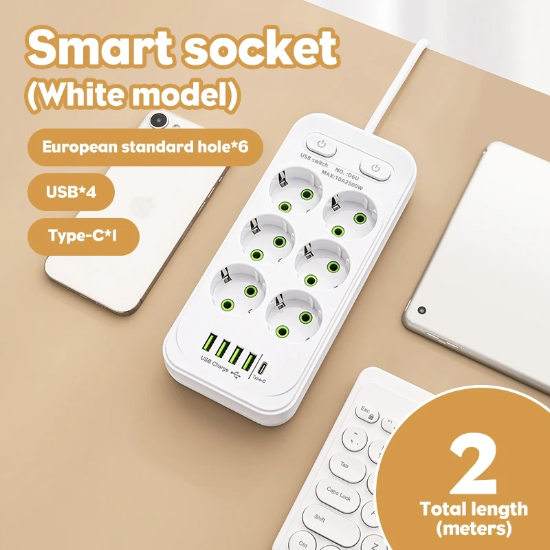 Power Strip EU Plug AC Outlets Multitap Socket 2M Extension Cord Electrical Power Strip With USB Type C Fast Charging Network Filter Adapter