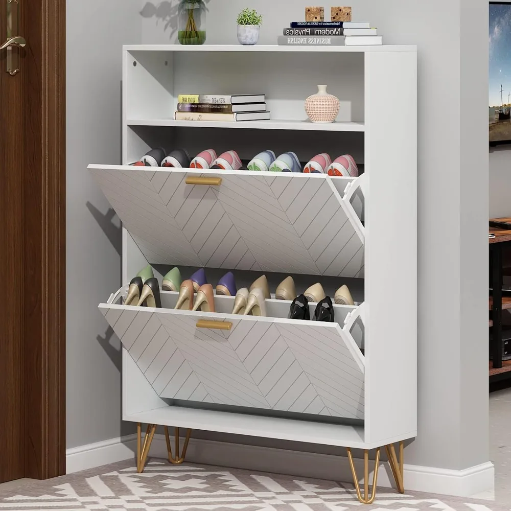 

Shoe cabinet, independent flip bucket shoe storage cabinet with 2 flip drawers, hidden shoe storage box with storagetableanddoor