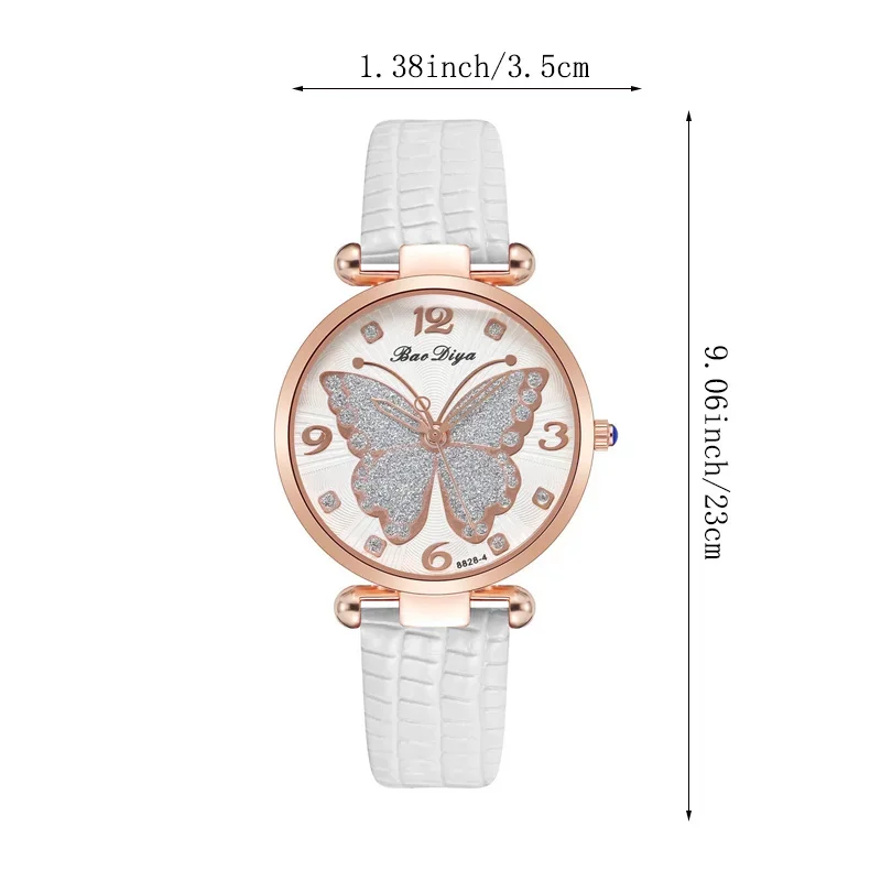 Casual Round Pointer Quartz Watch Cute Rhinestone Butterfly Pattern Dial Analog Dress Watch, Gift For Women Girls 6