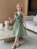 Robe d'été en dentelle pour enfants, sans manches, vert armée, douce et jolie robe de princesse 1