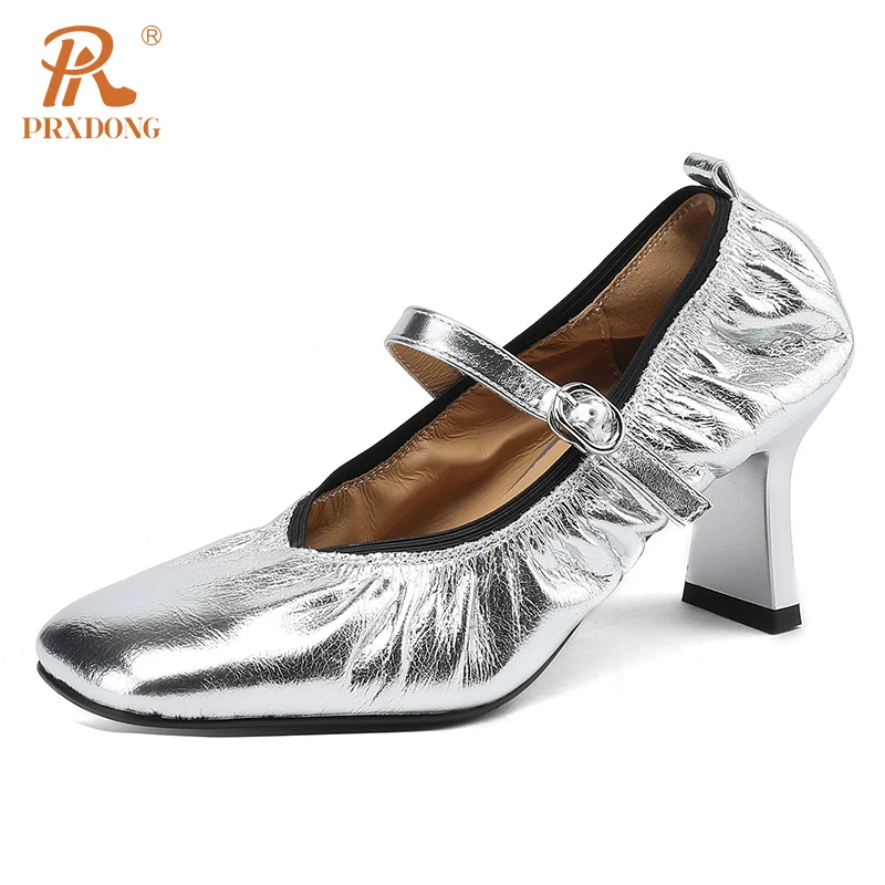 

PRXDONG 2024 New Brand Spring Summer Shoes Woman Pumps Fashion Genuine Leather High Heels Mary Janes Black Silver Dress Party 39