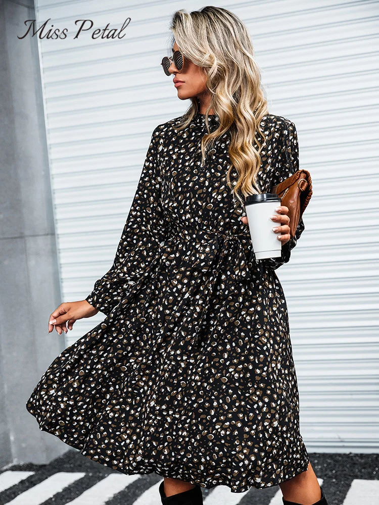 

MISS PETAL Speckled Print A-Line Midi Dress For Woman Sexy High Neck Long Sleeve Party Dress 2023 Spring Autumn Female Sundress