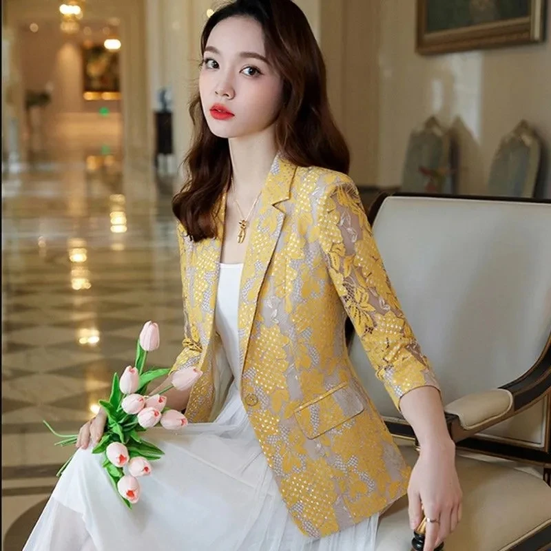 

Spring Summer Thin New Korean Fashion Temperament Slim Women Small Suit Jacket 2023 New Lace Hollowed Out Women Suit Jacket