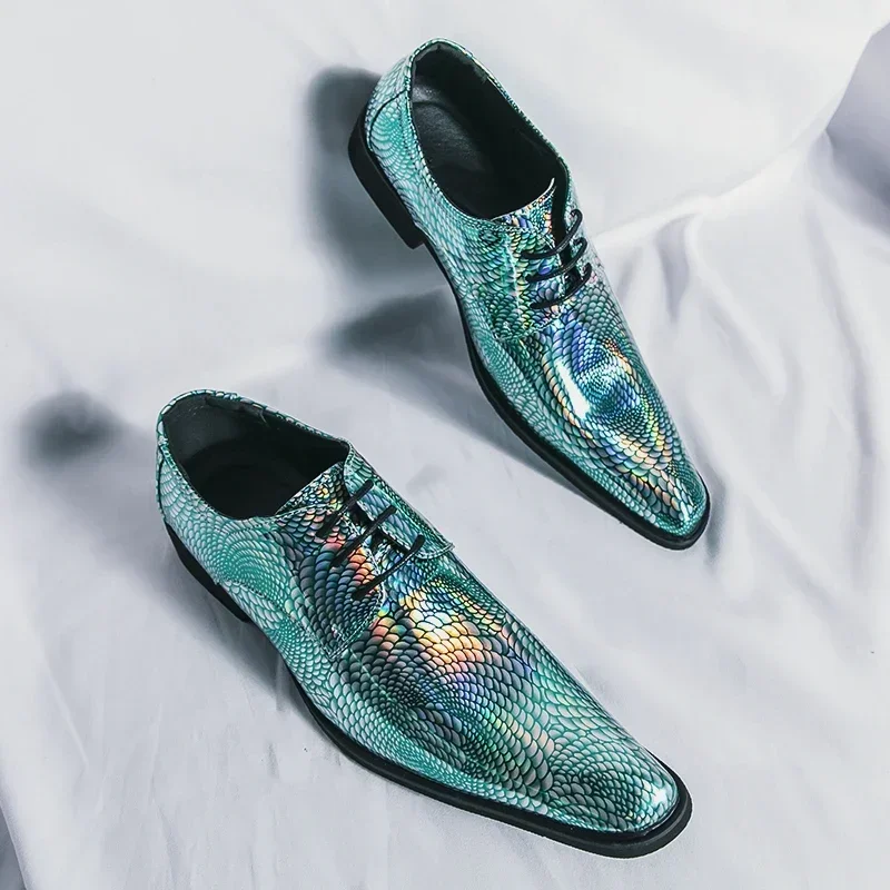 

New Men Bright PU Printing Fashion Shoes Low Top Business British Casual Shoes Lace Up Classic Large Sizes 38-47 Men's Shoes