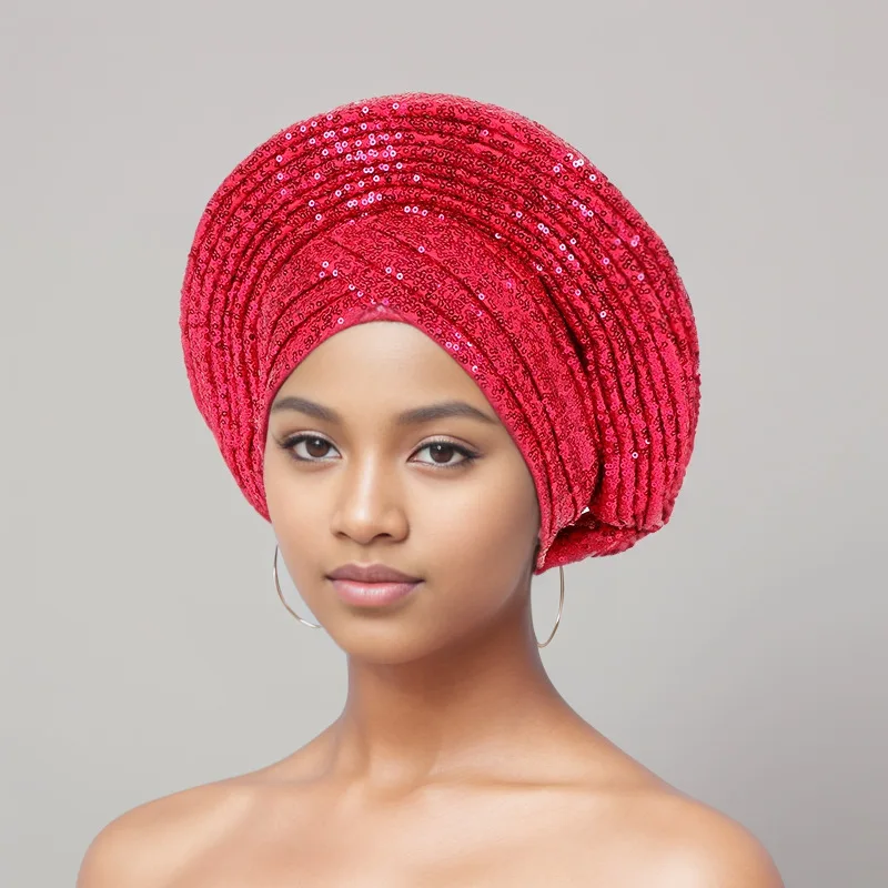 Pailletten Auto Gele Headtie afrikanischen Frauen Kopf wickel Mode Turban Kappe Nigeria Hochzeit Geles bereits gemacht Kopf binder Kopf bedeckung – Detail 16