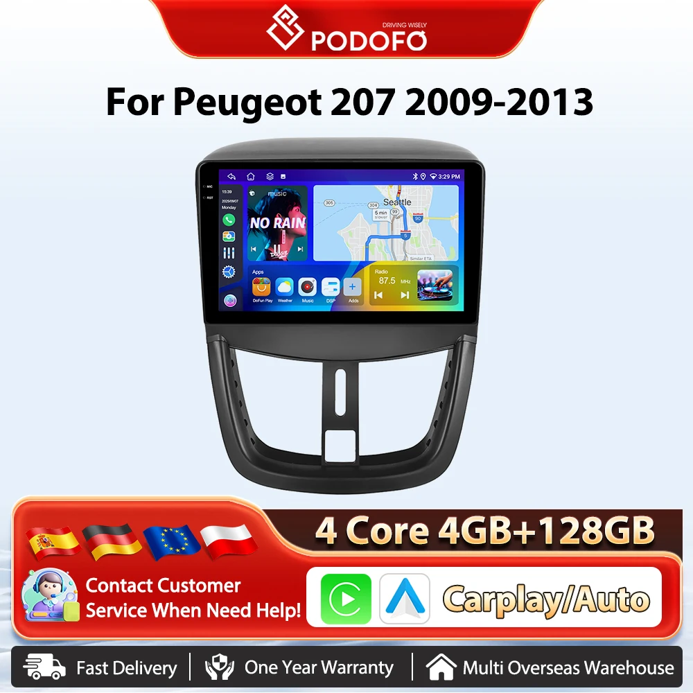 Podofo 8 Core inalámbrico CarPlay Radio AI para coche para Peugeot 207 2009-2013 Android navegación GPS WIFI DSP BT reproductor Multimedia para coche 1