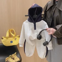 Faionable Color Blo Hoodie Set Korean Sle Casual Loose Fit Boys Clothing Autumn Winter Warm Thi Cotton Blend Kids Outfit