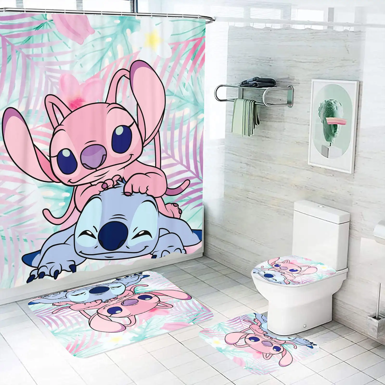 

Stitch Shower Curtain 4 Piece Bathroom Set Mats And Accessories Luxury Decor Home Decor Anime Toilet