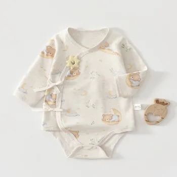 AYNIGIELL بيجامة أطفال من القطن الخالص باللون الكاكي بأكمام طويلة من عمر 0 إلى 18 شهرًا ملابس لحديثي الولادة بذلة للربيع والخريف