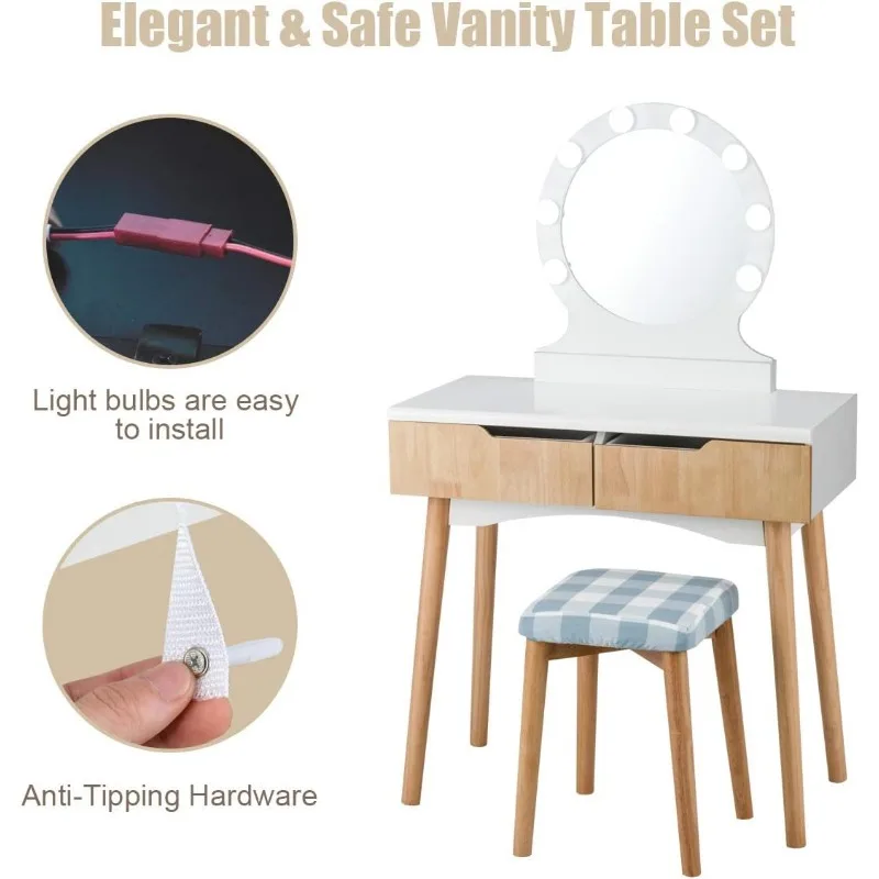 S82f87cc21d5444339bfc202429083cfbN Giantex Vanity Set with Round Lighted Mirror, Makeup Dressing Table, Bedroom Makeup Table with Cushioned Stool ,Vanity Table