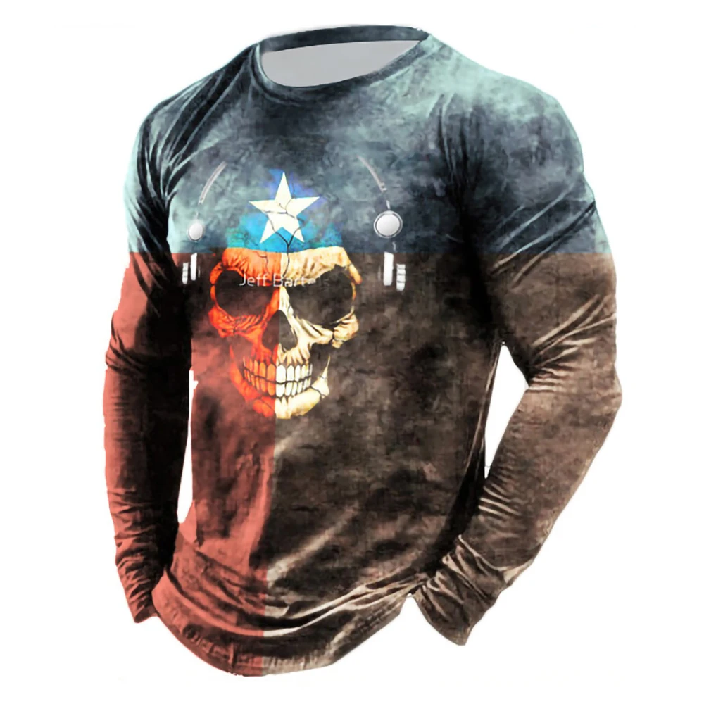 Retro Letter Printing T-shirt  Long-sleeved Men's Autumn and Winter Loose Motorcycle Casual Personality Fashion Skull Top Shirt