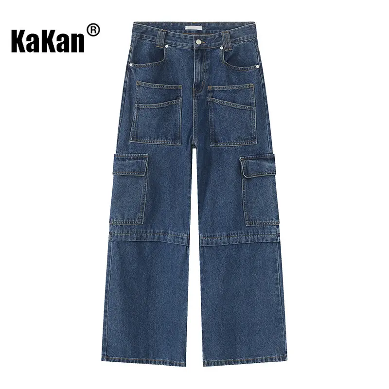 Kakan - New Korean Casual Loose Fitting Large Pocket Jeans for Men, Youth Popular Blue Black Wide Leg Jeans K50-048