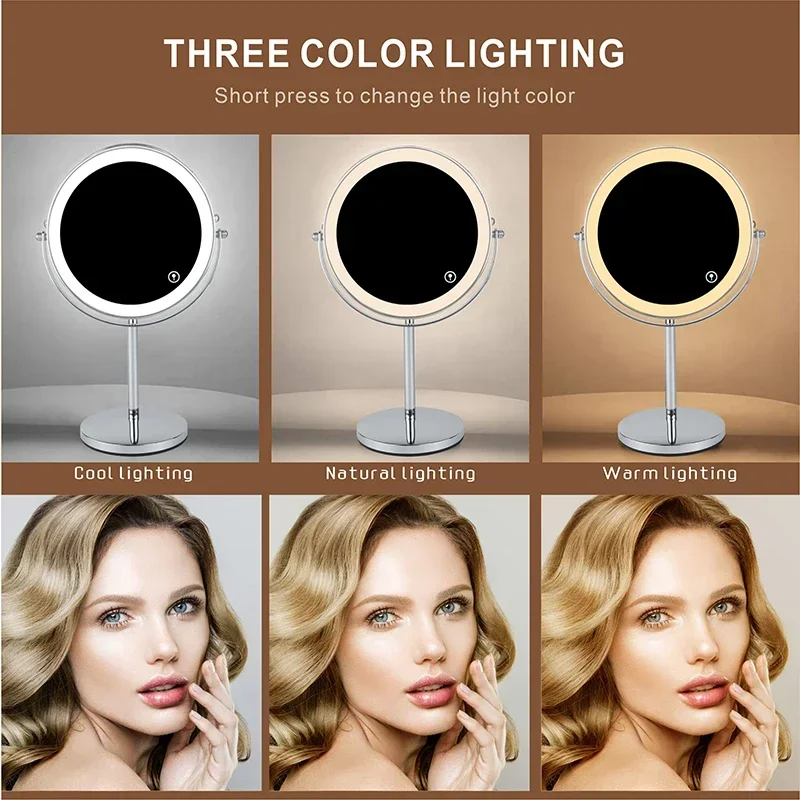 8inch 10X Magnifying LED Makeup Mirror with 3 Color Light Touch Switch Double Side USB Charging Desktop Vanity Cosmetic Mirror 3