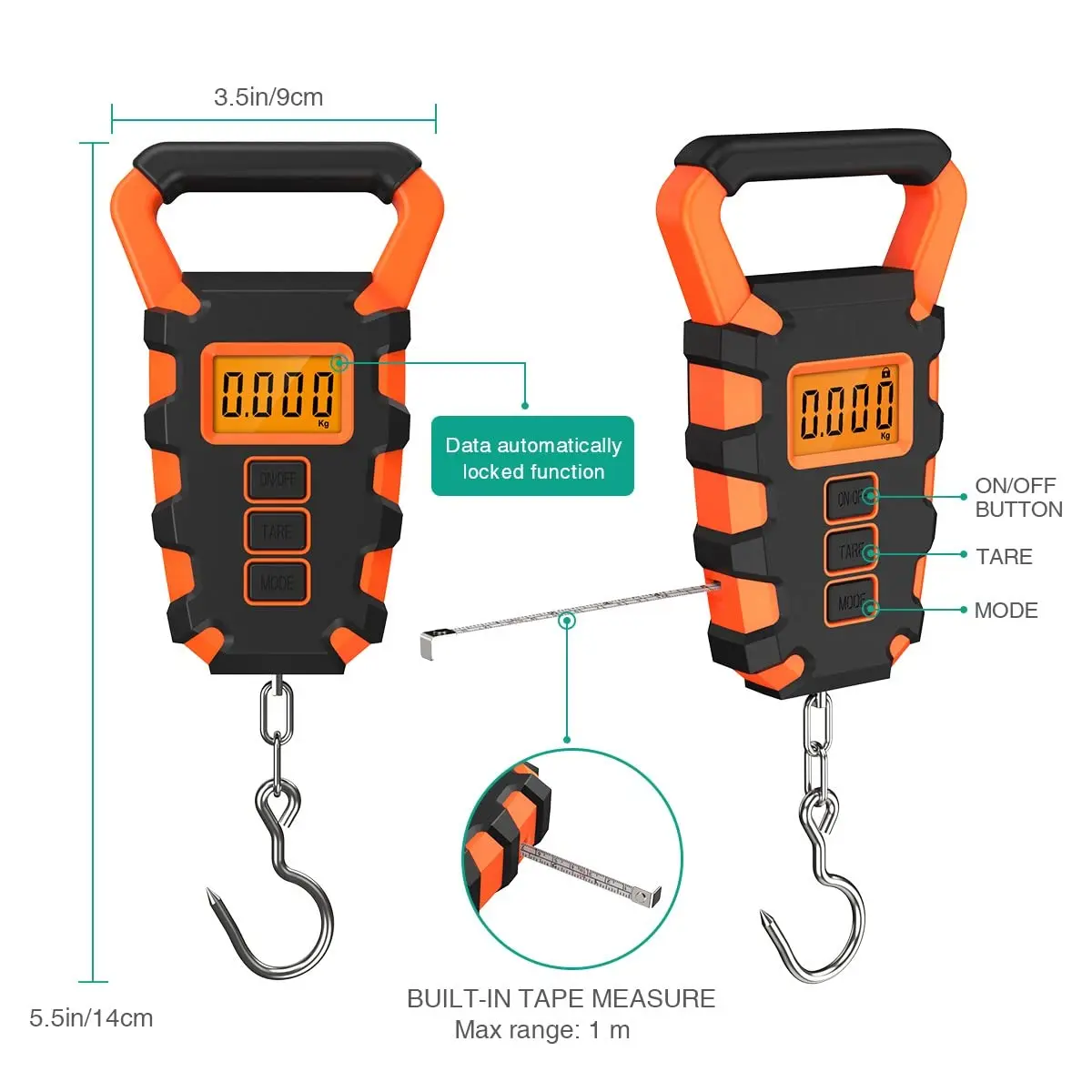 Règle de pêche numérique 50 kg, balance de pêche postale suspendue à un hameçon, balance à bagages étanche 50 kg (110 lb) avec ruban de mesure_voghion.com