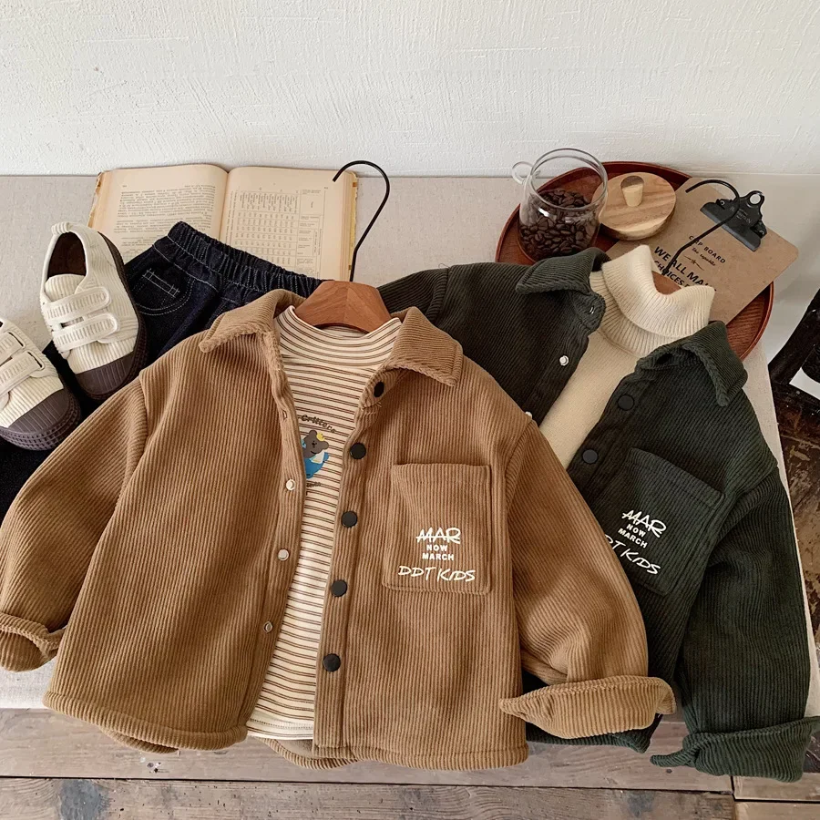 Fleece Lined Corduroy Shirt for Boys Baby Fashionable Autumn Winter Clothes Korean Style Children's Clothing Baby Shirt