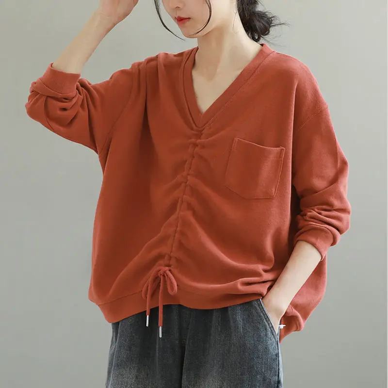

Women long-sleeved hoodies 2023 spring and autumn new leisure literature V-neck versatile outerwear solid jacket female tops