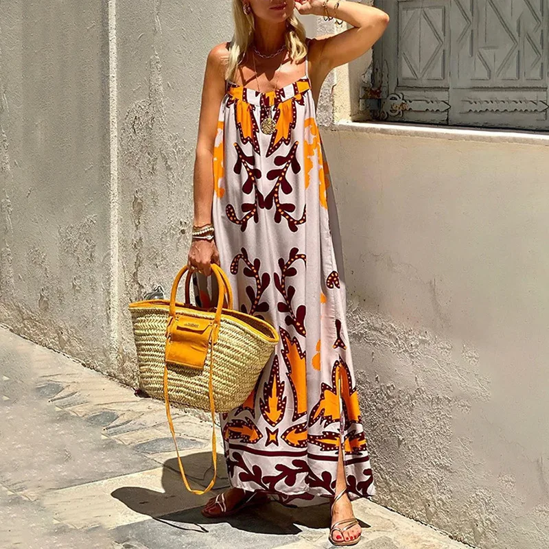 2024 Women's Summer New High Waist Printed Suspender Casual Fashion Dress Seaside Vacation Casual Ankle Long Skirt