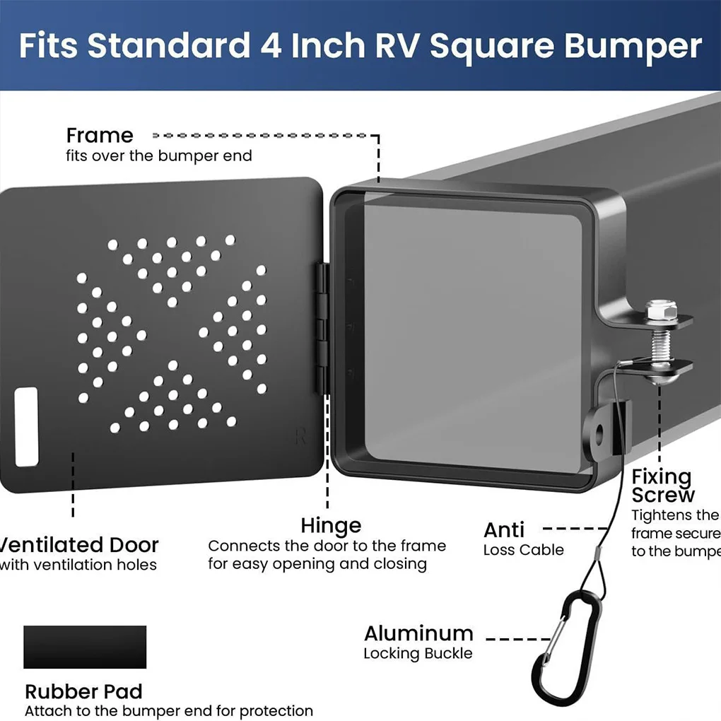 2 Sets RV Bumper End Caps, Aluminum RV Sewer Hose Storage Cover with No-Insect Vent Holes for 4in Square Camper Bumpers