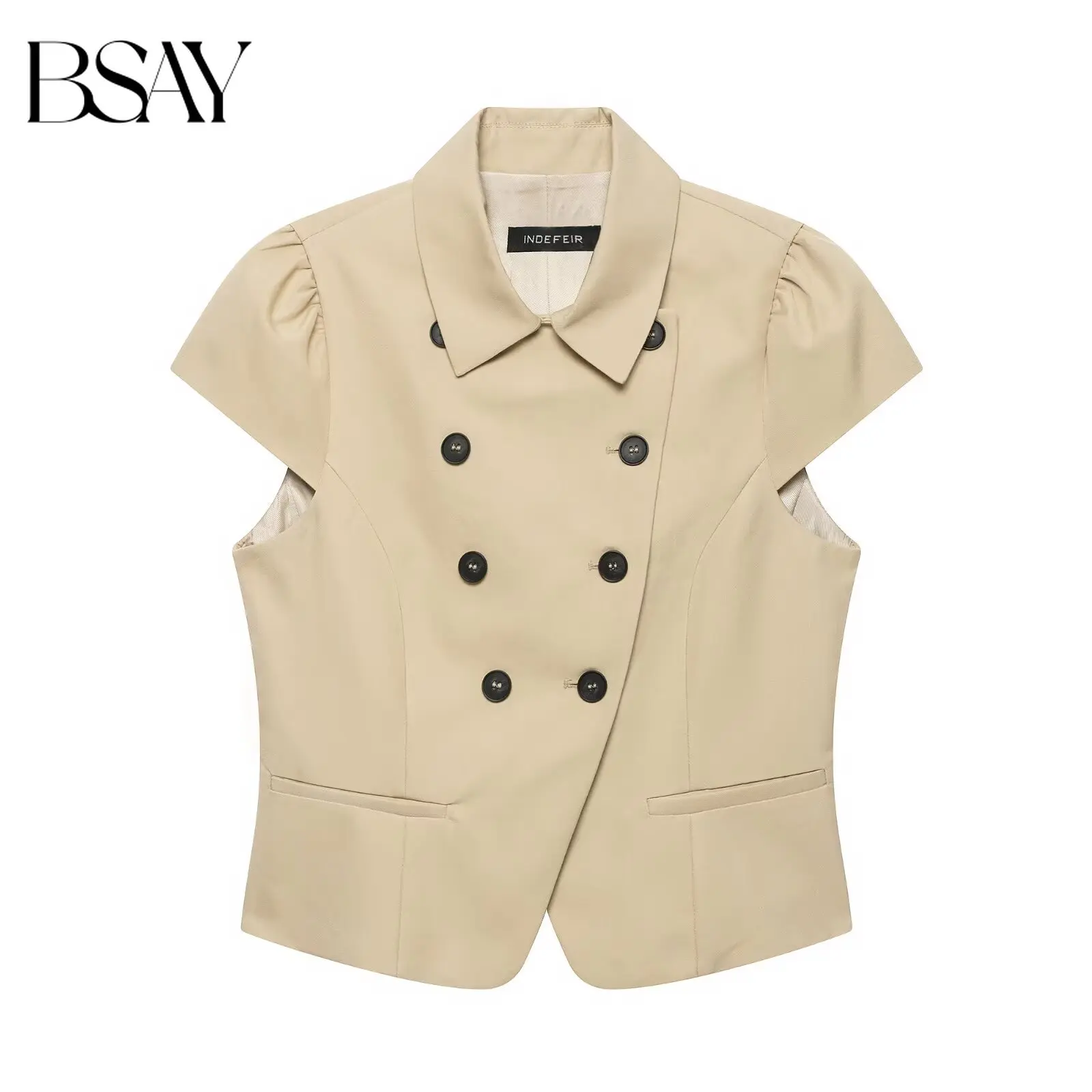 BSAY Damen-Blazer mit doppelreihigem Knopfverschluss, Sommer, kurzärmelig, Umlegekragen, schmale Passform, elegante Jacke für die Bürodame, kurze Oberbekleidung