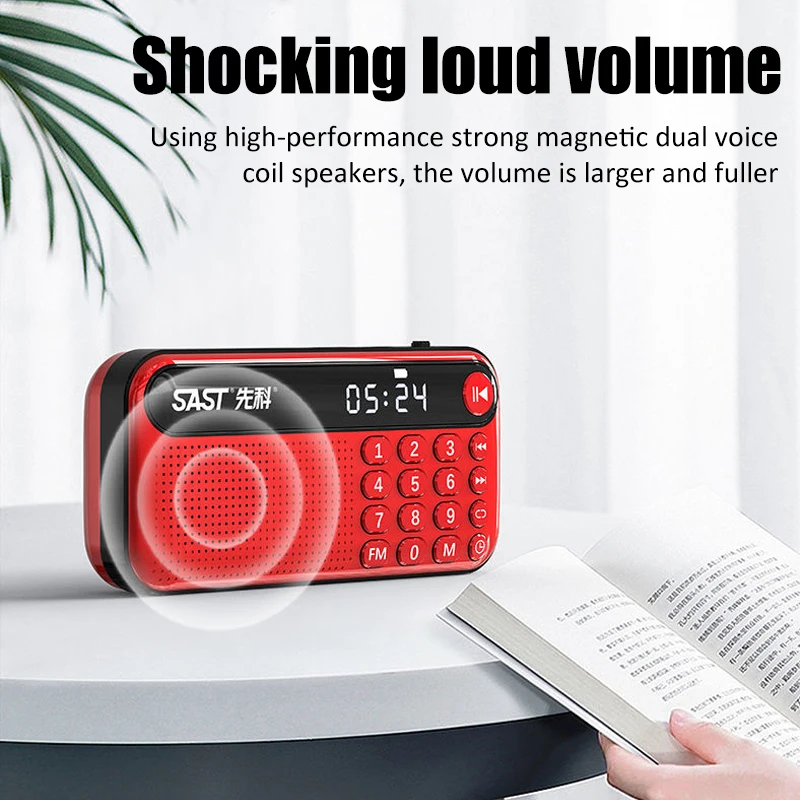 Portable FM Radio Mini Radios Receiver Built-in Powerful Speaker with LED Time Display USB/TF Card Music Player Power off Memory