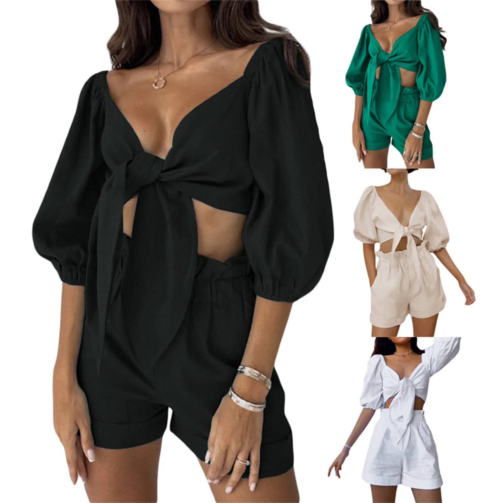 

Women Casual Two Piece Sets Fashion Solid Color Mid-sleeve Cardigan and Lantern Shorts Street Wear
