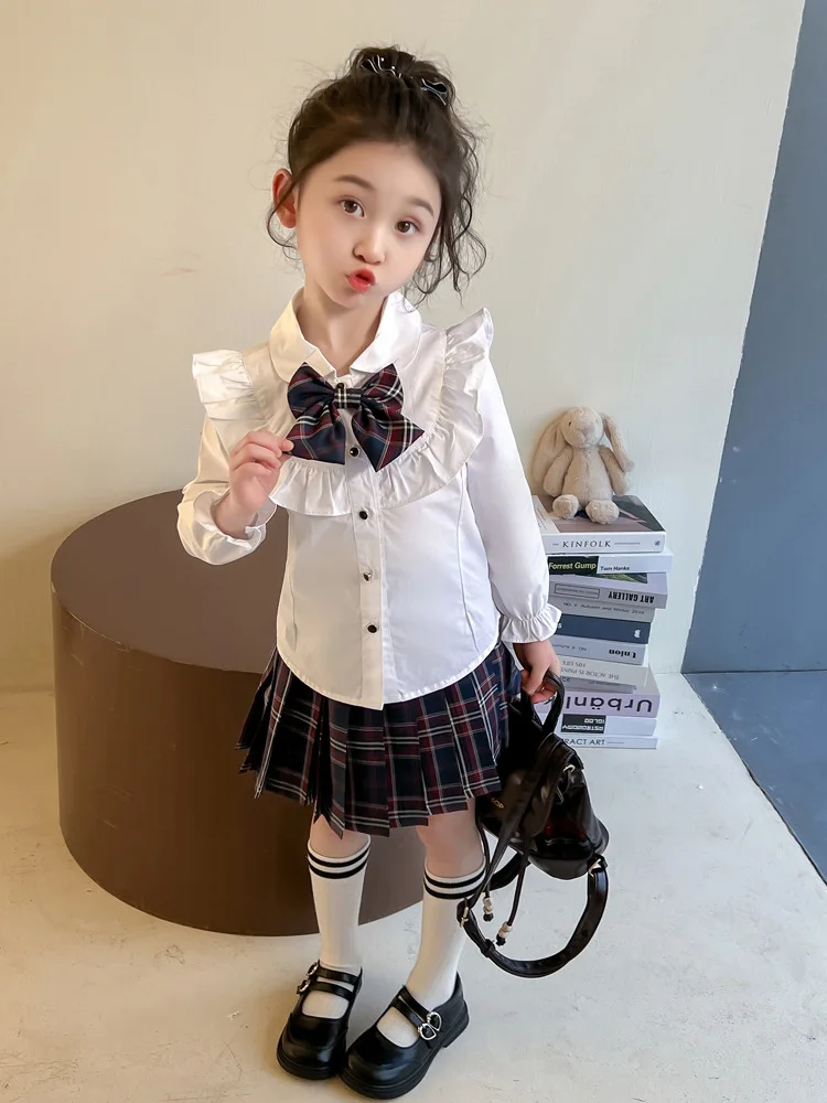 New Baby Girls JK clothes set White ruffled shirt+pleated plaid skirt+