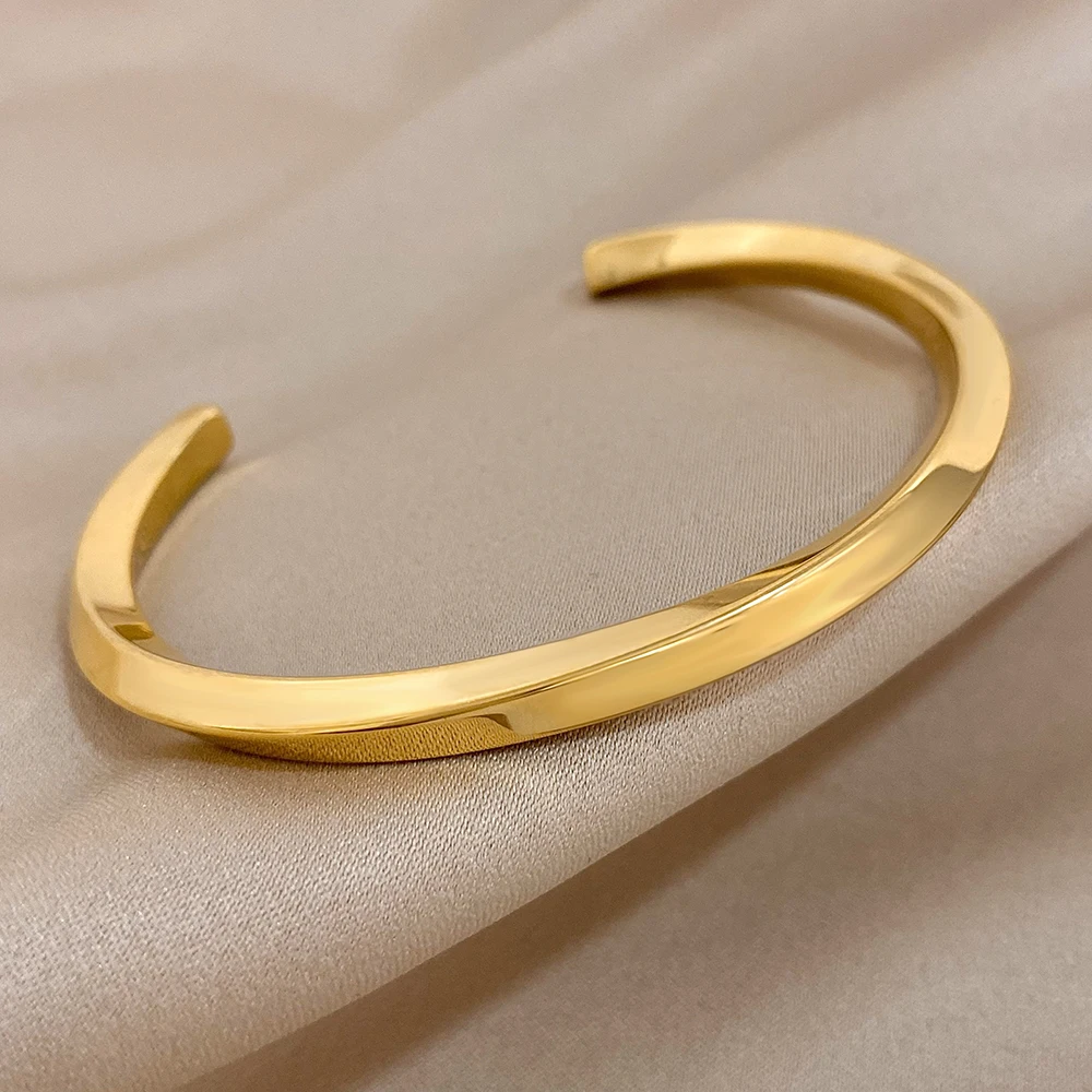 FLASHBUY 316L Stainless Steel Simple Gold Color Cuff Bangles
