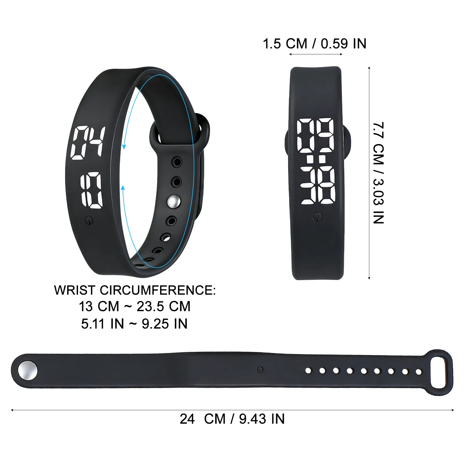 스마트 손목밴드 블랙 실리콘 LED 디스플레이 실시간 온도 진동 알림 기능 충전식 스포츠 아웃도어 여행 팔찌