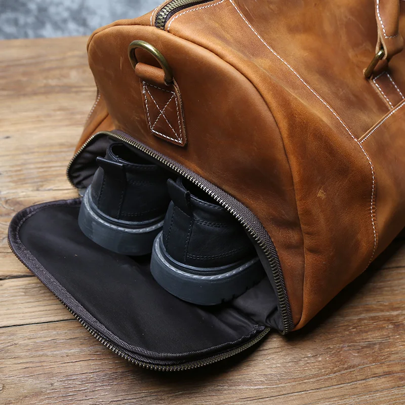 NZPJ Vintage Genuine Leather Men's Travel Bag Crazy Horse Leather Duffel Bag Large Capacity Top-Layer Cowhide Handbag Crossbody